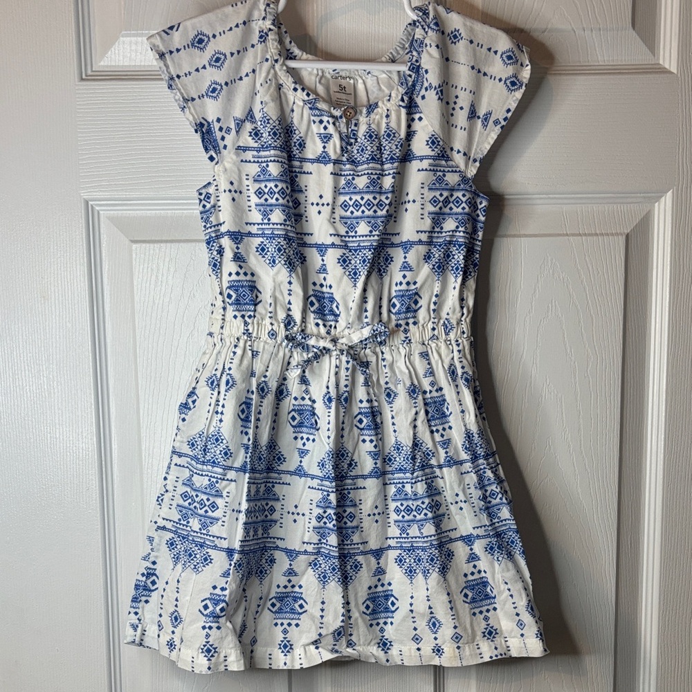 Girls White Dress with Blue Aztec Print